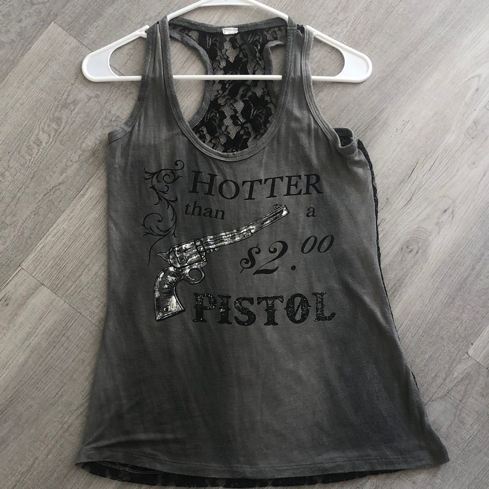 Hotter than a $2 Pistol Gray Tank Top Lace back Medium